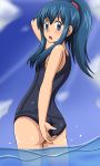  1girl ass blue_eyes blue_hair hair_ornament hikari_(pokemon) kuro_hopper long_hair looking_at_viewer open_mouth pokemon school_swimsuit solo swimsuit water 