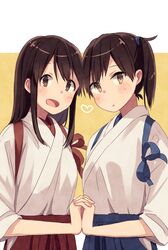  2girls :d akagi_(kantai_collection) blue_skirt blush brown_eyes brown_hair hakama_skirt highres interlocked_fingers japanese_clothes kaga_(kantai_collection) kantai_collection long_hair looking_at_viewer multiple_girls open_mouth red_skirt ringo_kureru side_ponytail skirt smile symmetrical_hand_pose tasuki upper_body 