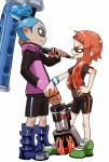  1boy 1girl absurdres anniversary bike_shorts blue_boots blue_eyes blue_hair boots green_shoes highres inkling orange_eyes orange_hair paint_gun paint_roller pointy_ears shoes splatoon tentacle_hair white_background yamamoto_souichirou 