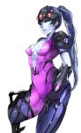  1girl applepie_(12711019) black_gloves blue_hair blue_skin bodysuit breasts center_opening gloves highres lips long_hair looking_at_viewer overwatch ponytail simple_background solo white_background widowmaker_(overwatch) yellow_eyes 