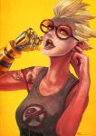  1girl absurdres blonde_hair casual genderswap genderswap_(mtf) glasses hand_to_head highres junkrat_(overwatch) lipstick looking_at_viewer makeup mechanical_arm monori_rogue overwatch piercing red-framed_glasses red_lipstick round_glasses short_hair solo tank_top tattoo teeth tongue_piercing upper_body yellow_eyes 