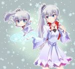  blue_eyes blush chibi dress long_hair rwby side_ponytail snow weiss_schnee white_hair 