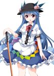  1girl blue_hair bow food fruit hat highres hinanawi_tenshi long_hair open_mouth peach puffy_sleeves ruu_(tksymkw) short_sleeves simple_background solo sword_of_hisou touhou very_long_hair white_background 
