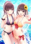  2girls bikini breasts brown_hair chikuwa_(glossymmmk) cleavage flower hair_flower hair_ornament highres long_hair multiple_girls original ponytail short_hair summer swimsuit v 