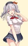  1girl :o akasaai arm_up bare_arms beret black_hat bow breasts buttons cowboy_shot finger_to_cheek hair_between_eyes hat hat_bow head_tilt highres kantai_collection kashima_(kantai_collection) kerchief large_breasts long_sleeves looking_at_viewer open_mouth pleated_skirt red_ribbon ribbon shirt short_hair short_twintails silver_hair simple_background skirt skirt_tug solo standing thighs twintails uniform wavy_hair white_shirt yellow_background 