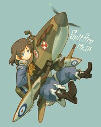  1girl :&lt; artist_name blue_eyes brown_hair flying fur_trim gloves kome monochrome polish_air_force_checkerboard propeller short_hair simple_background solo supermarine_spitfire wings 