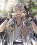  1boy 38ban black_gloves gloves hood japanese_clothes male_focus open_mouth partly_fingerless_gloves smile touken_ranbu tsurumaru_kuninaga white_hair yellow_eyes 