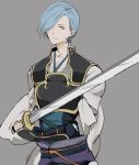  1boy aiiluro alternate_costume blue_hair fire_emblem fire_emblem_if grey_background hair_over_one_eye highres shigure_(fire_emblem_if) simple_background solo sword weapon yellow_eyes 