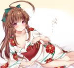  1girl :o ahoge blush bow breasts cleavage hair_bow japanese_clothes kantai_collection kimono kuma_(kantai_collection) lying masakazu_(coccinellee) red_eyes solo translation_request 