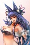  1girl animal_ears bell breasts cleavage fang fox_ears fox_shadow_puppet gloves granblue_fantasy hair_bell hair_ornament highres long_hair looking_at_viewer navel open_mouth pooosong purple_hair red_eyes smile solo very_long_hair yuel_(granblue_fantasy) 