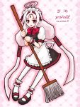  1girl ahoge alternate_costume ankle_cuffs apron bow broom enmaided forehead_jewel full_body hair_tubes huge_ahoge long_hair low_twintails maid maid_headdress mary_janes puffy_sleeves red_bow red_eyes shoes solo twintails under_night_in-birth vatista very_long_hair waist_apron white_hair white_legwear wrist_cuffs 