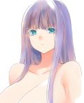  1girl bare_shoulders blue_eyes blue_hair breasts cleavage large_breasts long_hair simple_background solo upper_body white_background yostxxx 