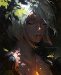  1girl artist_name breasts cleavage closed_eyes collarbone dappled_sunlight day forest glowing guweiz jewelry light_smile nature necklace original outdoors parted_lips pendant plant red_lips short_hair silver_hair solo sunlight upper_body watermark web_address 