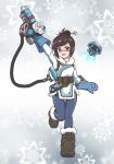  1girl an-bl belt black-framed_glasses blue_gloves bodysuit boots brown_eyes brown_hair canister coat fur fur_boots fur_collar fur_trim glasses gloves gun hair_bun hair_ornament hairpin hand_up handgun holding holding_gun holding_weapon long_sleeves mei_(overwatch) open_mouth overwatch pants pocket short_hair sidelocks smile solo weapon 