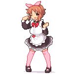  1girl :d ;d abe_nana apron arm_up black_dress black_shoes blush bow bowtie brown_eyes brown_hair dress frilled_dress frills hair_ribbon hand_gesture heart idolmaster idolmaster_cinderella_girls long_sleeves looking_at_viewer lowres maid maid_apron mary_janes one_eye_closed open_mouth pigeon-toed pink_legwear pink_ribbon pixel_art po_(pch3417) red_bow red_bowtie ribbon shoes short_hair simple_background smile solo thigh-highs v white_apron white_background zettai_ryouiki 