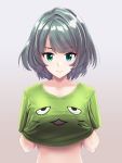  1girl blue_eyes closed_mouth collarbone eyebrows eyebrows_visible_through_hair gradient_hair green_eyes green_hair green_shirt grey_background hand_under_clothes heterochromia highres idolmaster idolmaster_cinderella_girls infinote looking_at_viewer midriff mole mole_under_mouth multicolored_hair shirt short_hair short_sleeves silver_hair simple_background smile smiley_face solo t-shirt takagaki_kaede upper_body 