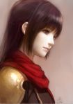  1girl artist_name ask_(askzy) brown_background brown_eyes brown_hair deuce_(fft-0) final_fantasy final_fantasy_type-0 hime_cut long_hair portrait realistic scarf solo 