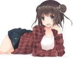  1girl alternate_costume black_skirt blue_eyes blush brown_hair chin_rest collarbone double_bun hair_ribbon highres kantai_collection long_sleeves looking_at_viewer lying naka_(kantai_collection) nao_(qqqbb) on_stomach open_mouth plaid plaid_shirt pleated_skirt ribbon shirt short_hair skirt solo white_background 
