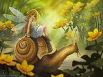  1girl drop elf fairy flower highres looking_at_viewer pointy_ears radittz slug snail sunlight swamp 