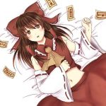  1girl ascot bow brown_eyes brown_hair detached_sleeves from_above hair_bow hair_tubes hakurei_reimu japanese_clothes kagami-th07 lying midriff miko navel on_back open_mouth ribbon-trimmed_sleeves ribbon_trim solo touhou wide_sleeves 