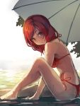  1girl bikini foge from_side highres love_live!_school_idol_project nishikino_maki redhead short_hair solo swimsuit umbrella violet_eyes wet 