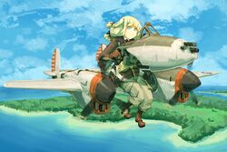  1girl airplane aqua_eyes clouds cockpit flying gloves green_hair island kome military military_uniform p-38_lightning propeller sky uniform 