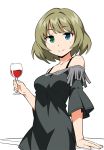  1girl anbe_masahiro blue_eyes cup dress drinking_glass green_eyes grey_dress hand_on_table heterochromia idolmaster idolmaster_cinderella_girls monochrome_background red_wine shoulders takagaki_kaede wine_glass 