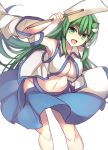  1girl :d arm_up armpits bare_shoulders blue_skirt breasts detached_sleeves frog_hair_ornament green_eyes green_hair hair_ornament hair_tubes janne_cherry japanese_clothes kochiya_sanae leaning_forward long_hair long_sleeves looking_at_viewer miko navel no_bra no_panties oonusa open_mouth skirt smile solo touhou unbuttoned under_boob white_background wide_sleeves 