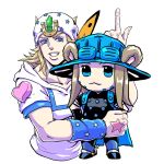  2boys blonde_hair blue_eyes boots brown_hair chibi collarbone cowboy_hat facial_hair grin gyro_zeppeli hat heart horns horseshoe index_finger_raised johnny_joestar jojo_no_kimyou_na_bouken male_focus multiple_boys ryugue sheep_horns smile spurs star steel_ball_run upper_body wristband 