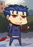  1boy april_fools blue_hair bodysuit chibi fate/grand_order fate/stay_night fate_(series) gae_bolg lancer polearm red_eyes riyo_(lyomsnpmp) spear weapon 