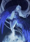  1girl absurdly_long_hair bird_wings blue blue_eyes blue_wings feathered_wings feathers flying horn long_hair looking_at_viewer looking_to_the_side monster_girl navel night night_sky pixiv_fantasia pixiv_fantasia_fallen_kings silver_hair sky small_breasts solo star_(sky) starry_sky stomach very_long_hair wings y_in 