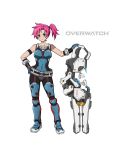  1girl an-bl armband bare_shoulders belt blush bodysuit breasts collarbone covered_navel covered_nipples full_body gauntlets gloves hand_on_hip highres large_breasts looking_at_viewer overwatch pink_hair power_armor power_suit short_hair side_ponytail simple_background skin_tight solo standing tattoo zarya_(overwatch) 
