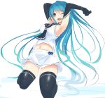  1girl ;d aqua_eyes armpits arms_up ass_visible_through_thighs bent_knees black_gloves black_legwear blue_hair blush breasts elbow_gloves gloves kantai_collection long_hair looking_at_viewer nao_(qqqbb) navel neckerchief one_eye_closed open_mouth sailor_collar samidare_(kantai_collection) school_uniform serafuku shirt sideboob skirt sleeveless sleeveless_shirt smile solo thigh-highs very_long_hair white_skirt zettai_ryouiki 