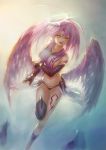  1girl angel_wings breasts crop_top feathered_wings gloves halo highres jibril_(no_game_no_life) large_breasts long_hair low_wings magic_circle midriff mismatched_legwear ms7032121 navel no_game_no_life open_mouth pink_hair sideboob solo stomach tattoo thigh-highs white_wings wing_ears wings yellow_eyes 
