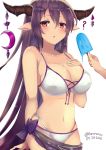  1girl ? arm_behind_back bikini blush breasts crescent danua granblue_fantasy hair_between_eyes hand_on_own_chest harurun_zw horn_ornament horns large_breasts long_hair looking_at_viewer pointy_ears popsicle purple_hair red_eyes solo_focus swimsuit white_bikini 