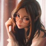  1girl artist_name black-framed_glasses blurry book brown_eyes closed_mouth depth_of_field glasses guweiz head_tilt holding holding_book long_sleeves looking_afar pointy_ears red_lips round_glasses shirt smile solo upper_body white_shirt 