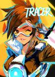  1girl bangs black_gloves bomber_jacket brown_hair brown_jacket character_name gloves goggles harness jacket leather leather_jacket lips long_sleeves looking_at_viewer overwatch parted_lips salute short_hair smile solo spiky_hair tracer_(overwatch) upper_body 