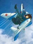 1girl :d ahoge airplane artist_name brown_hair clouds condensation_trail dated f-4_phantom_ii fighter_jet flying green_eyes headphones headset jet jet_engine kome looking_back open_mouth sky smile solo 