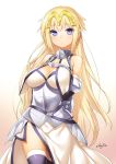  1girl 47agdragon armor armored_dress bare_shoulders blonde_hair breasts cleavage detached_sleeves dress fate/apocrypha fate/grand_order fate_(series) grey_eyes grey_legwear headpiece highres large_breasts long_hair looking_at_viewer mcdonald&#039;s ruler_(fate/apocrypha) ruler_(fate/grand_order) solo thigh-highs thighs very_long_hair white_dress 