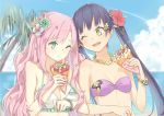  2girls ;&lt; ;d bare_shoulders bikini bikini_top blue_flower blue_sky breasts cleavage clouds collarbone crepe day eyebrows eyebrows_visible_through_hair flower food frilled_bikini frills green_eyes hair_flower hair_ornament head_tilt holding holding_food long_hair loobely multiple_girls one_eye_closed open_mouth original palm_tree pink_hair plant purple_bikini purple_bikini_top purple_hair sky smile strapless strapless_bikini swimsuit tree twintails upper_body very_long_hair white_bikini white_bikini_top yellow_eyes 