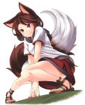  1girl animal_ears brooch brown_hair fang fang_out full_body imaizumi_kagerou jewelry nail_polish red_eyes red_skirt sandals shirt shorts simple_background skirt smile solo tail tamahana touhou white_background white_shirt wolf_ears wolf_tail 
