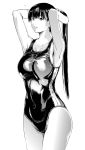  1girl adjusting_hair arms_up breasts collarbone covered_navel greyscale highres kurofudo large_breasts long_hair monochrome ponytail simple_background solo swimsuit 