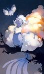 ahoge altaria bird bluekomadori clouds full_body highres looking_down looking_up night no_humans outdoors pokemon pokemon_(creature) sky star_(sky) starry_sky swablu tree_branch watermark web_address |_| 