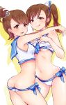  2girls ass bikini brown_eyes brown_hair futami_ami futami_mami highres idolmaster long_hair midriff mobuko_(akita_komachi) multiple_girls navel sailor_bikini sailor_collar sailor_swimsuit_(idolmaster) short_hair siblings side_ponytail sisters smile swimsuit twins 