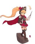  1girl 34no404 alternate_costume armor blonde_hair book boots breastplate call_(mighty_no._9) cape commentary dress green_eyes hair_ribbon highres knee_boots long_hair mighty_no._9 ribbon short_dress single_gauntlet single_glove smile solo very_long_hair visor wand 