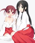  2girls :d black_hair breasts brown_hair collarbone green_eyes itsumi_(itumiyuo) iwato_kasumi japanese_clothes large_breasts long_hair low-tied_long_hair miko multiple_girls off_shoulder open_mouth parted_lips pink_hair pleated_skirt red_skirt saki sidelocks simple_background sitting skirt smile tan tanline thigh-highs twintails usuzumi_hatsumi very_long_hair wariza white_background white_legwear 