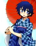  1girl amamiya_shizuku bakemono_no_machi_no_hitobito blue_eyes blue_hair japanese_clothes kumadano oriental_umbrella short_hair umbrella 