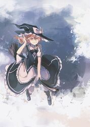  1girl adapted_costume alternate_hair_color apron black_legwear black_shoes black_skirt black_vest blue_sky bow broom broom_riding brown_eyes brown_hair clouds collared_shirt frilled_apron frills grin hat hat_bow hat_tip kirisame_marisa kneehighs long_skirt looking_at_viewer nori_(stak819) shirt shoes skirt skirt_set sky smile solo touhou waist_apron white_shirt witch_hat 