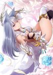  1girl animal_ears arm_behind_head bare_shoulders black_legwear breasts dress elbow_gloves gloves granblue_fantasy korwa large_breasts long_hair looking_at_viewer open-back_dress quill revealing_clothes signature silver_hair smile solo teeth thigh-highs thighs very_long_hair violet_eyes white_gloves white_legwear yaman_(yamanta_lov) 