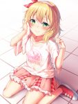  1girl blonde_hair blush green_eyes hairband highres idolmaster idolmaster_cinderella_girls idolmaster_cinderella_girls_starlight_stage looking_at_viewer sakurai_momoka short_hair sitting smile solo sweat towel wariza yomono 